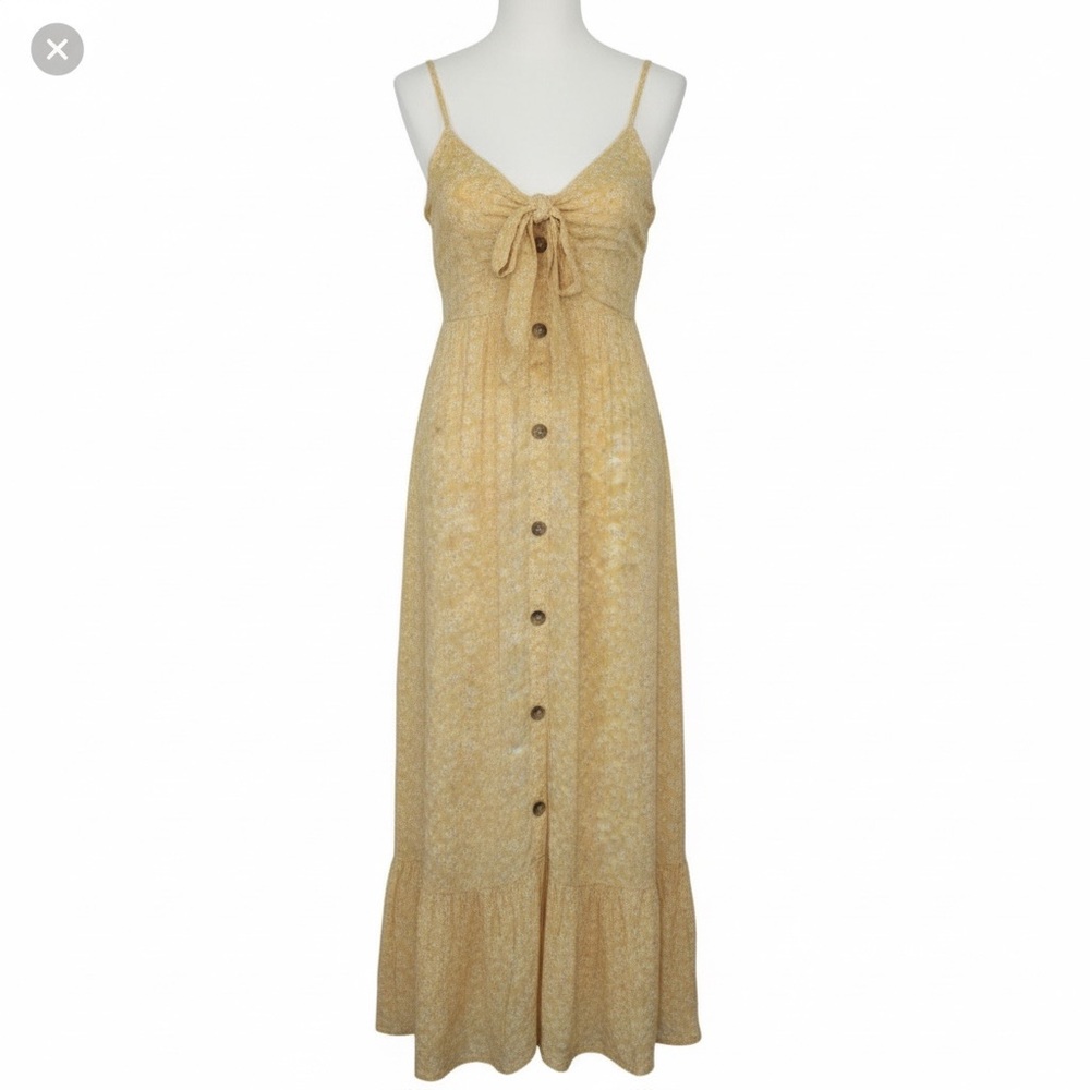 Arizona Jeans Yellow Floral Maxi Dress Button Front Tie Strap Boho Summer Small